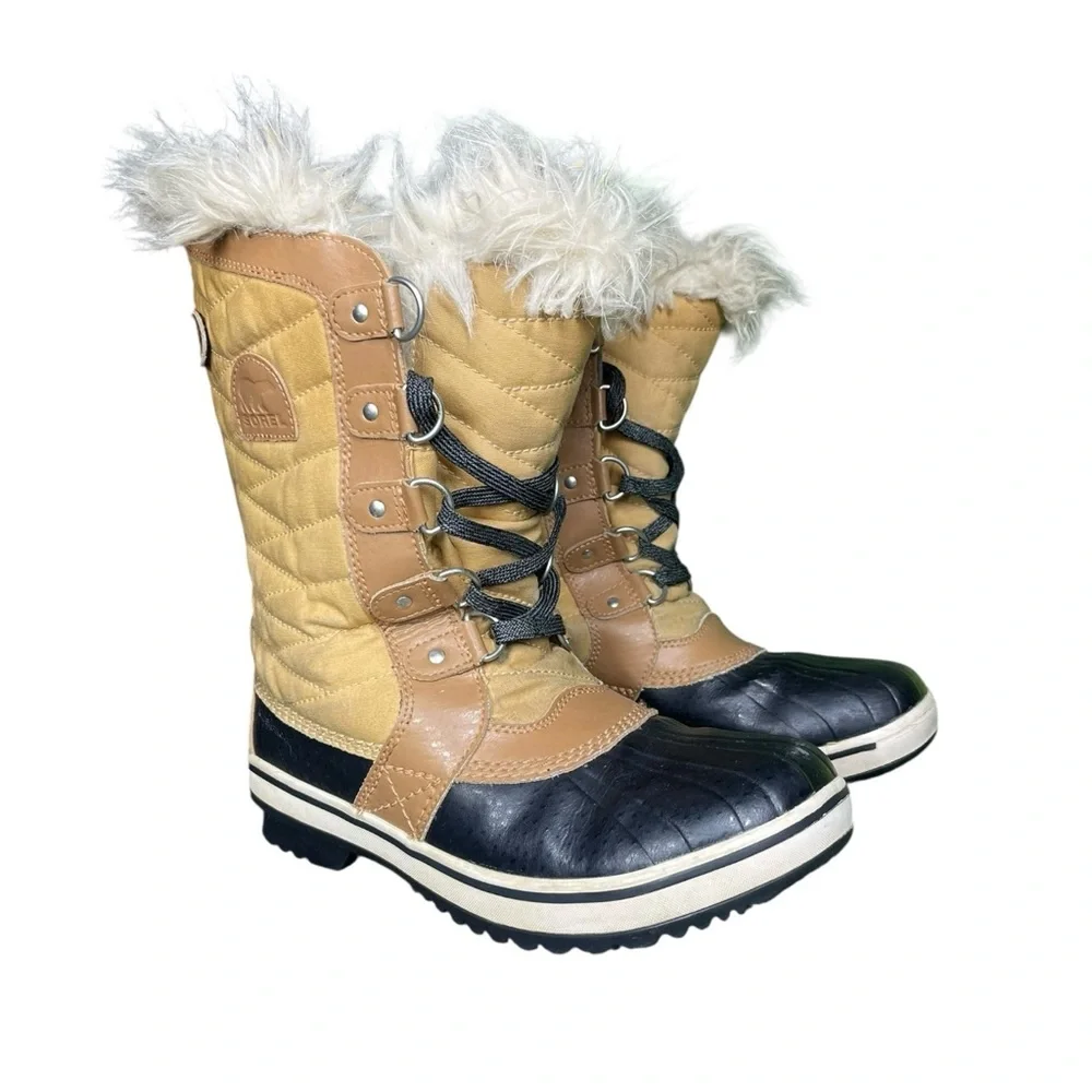 Sorel Classic Tan Black Quilted Winter Boots Faux Fur Trim Size 5 Womens